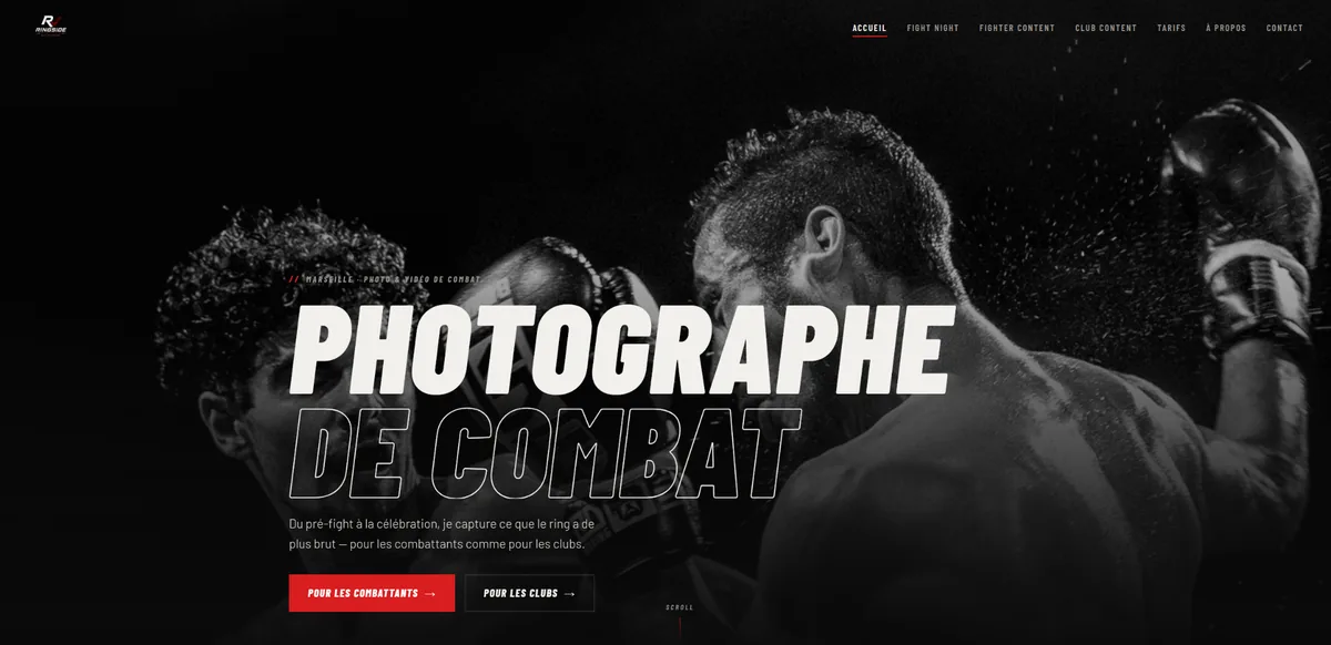 Aperçu du site Ringside Visuals, réalisation web pour la photo et vidéo de sports de combat