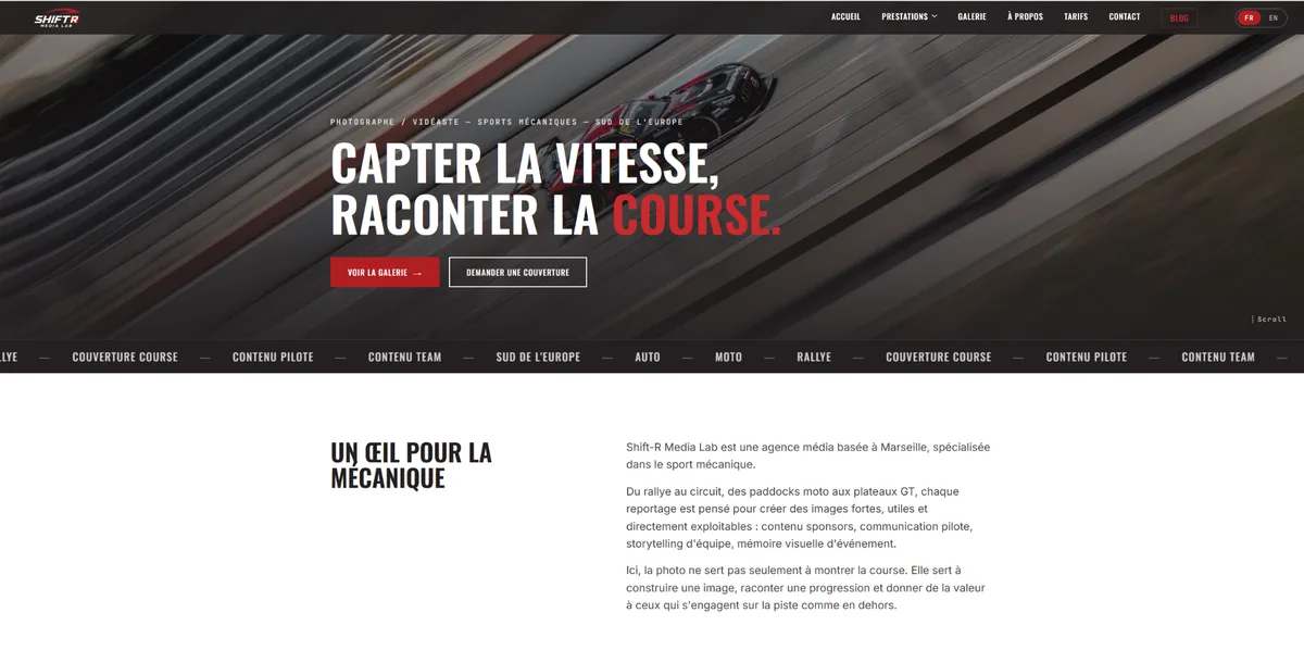 Aperçu du site Shift-R, réalisation web pour une activité photo et vidéo de sport mécanique